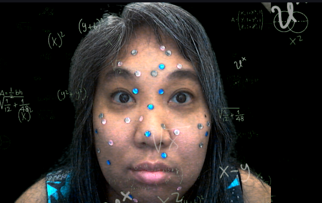 a befuddled Vietnamese woman bedazzled in blue, pink, and crystal gem stickers against a background of basic math in space